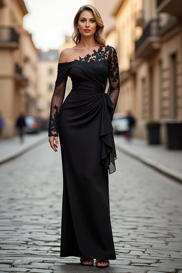 Black Lace Appliqued Sheath Asymmetrical Mother of the Bride Dress